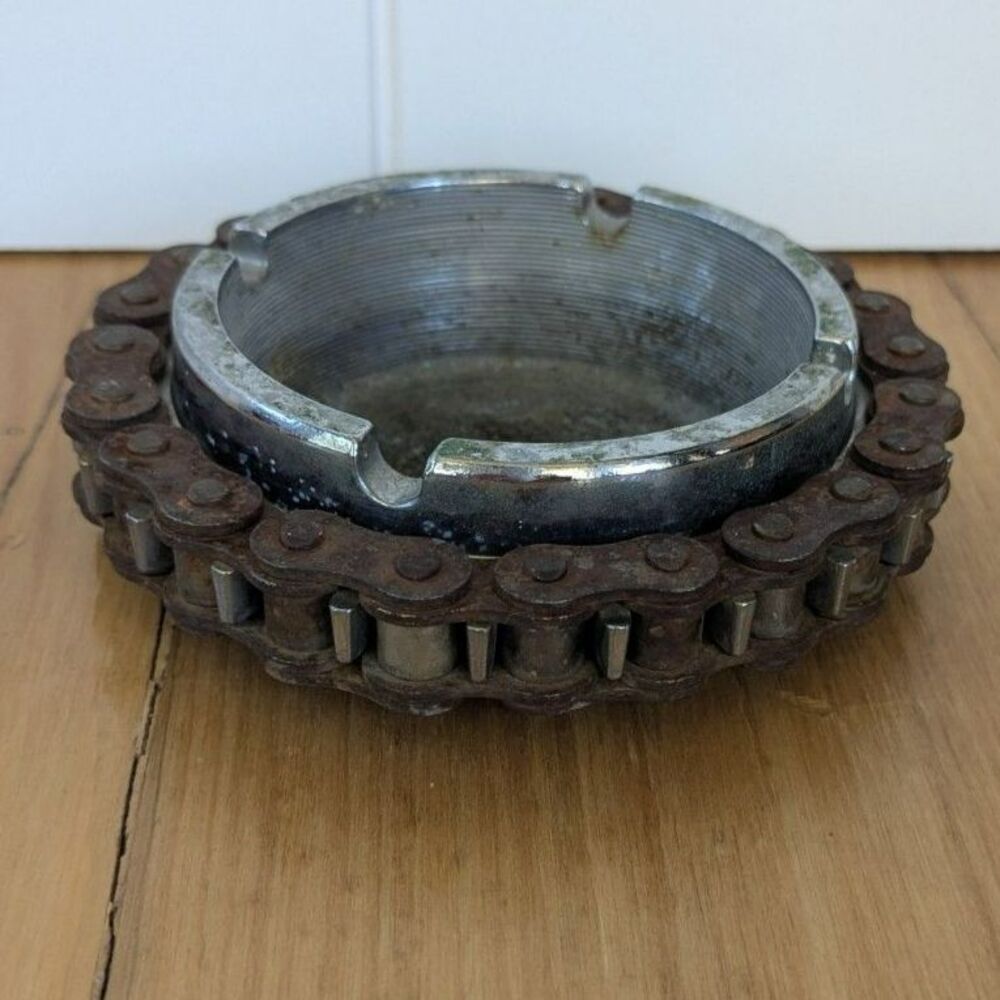 Vintage motorcycle chain wrapped metal ashtray